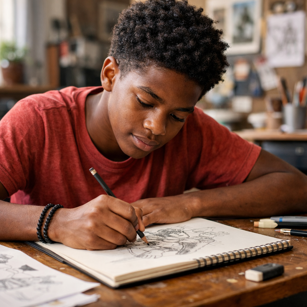 black teenage boy drawing